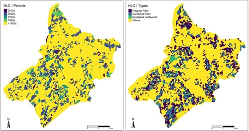 Figure 5. HLC maps representing the UDUs according to their chronology (on the left) and the most common HLC type in the current landscape (on the right).