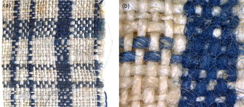 Fig. 9. Cotton-linen check, 1759: (a) photograph, (b) micrograph captured with a Dino-Lite AM7013MZT portable microscope at ×60 magnification. Note: All the white yarns and the horizontal blue yarns are smooth linen. Only the vertical blue yarns are fluffier cotton. The take-up of the blue dye on the horizontal linen stripes is poor, in contrast to the deep blue of the wider vertical stripes, which are cotton. Source: London Metropolitan Archives, A/FH/A/9/1/149: Foundling Hospital, Billet book, July 1759, Foundling no. 13416.Image copyright London Metropolitan Archives, City of London. © Coram.