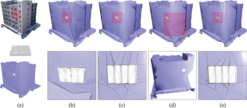 Figure 10. Comparisons of different fusion methods on the smooth and near-planar façade: (a) meshes S, Q and S ′, (b) voxel-based, (c) BSP-based, (d) Fusion360, (e) proposed. The façade, delineated by large triangles, results in degenerate triangles with the BSP-based approach. A sparse number of vertices are at the sharp edge. While Fusion360 maintains vertex positions, it alters the mesh’s topology, erasing key architectural features. Our method addresses these issues.