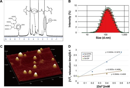 Figure 2 Nanoparticle characterization.Notes: (A) 1H nuclear magnetic resonance spectra for DTPA-DGL-PEG-TAT. (B) Diameter distribution of Gd-DPT/pRFP. (C) Atomic force microscopy image of Gd-DPT/pRFP. (D) Relaxivity (r1) measurement for Gd-DTPA (3.92 mM−1s−1), Gd-DP/pRFP (0.91 mM−1s−1), and Gd-DPT/pRFP (0.88 mM−1s−1).Abbreviations: Gd, gadolinium; DGL, dendrigraft poly-L-lysine; PEG, polyethylene glycol; pRFP, plasmid red fluorescence protein; DTPA, gadopentetate dimeglumine; DP, DTPA-DGL-PEG; DPT, DTPA-DGL-PEG-TAT.