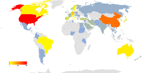 Figure 2 The world distribution of the number of papers on acupuncture for CP published by countries or regions.