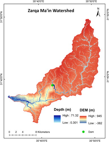 Figure 4. Zarqa Ma’in watershed DEM and the 100-year flooding depth.