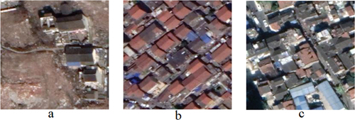 Figure 6. Characteristics of informal settlements in Gaofen images. (a) dilapidated houses. (b) high-density distribution. (c) Disorderly distribution.