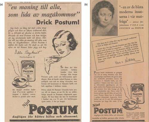 Figure 4. Postum as a cure for digestive disorders. (a) a call to everyone who suffers from stomach upsets Svenska Dagbladet, 12 January 1934, p. 10. (b) One of the best modern efforts in our food question Svenska Dagbladet, 15 October 1934, p. 10.