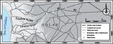 Fig. 12: The Roman road system in relation to the historical road system (based upon British Mandate 1:20,000 topographical maps); the Subahiye Ascent is marked in white