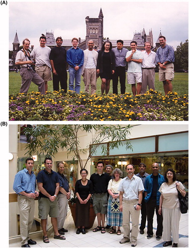 Figure 9. Atwood lab group photos from 1999 and 2001. (A) Harold Atwood, Ken Dawson-Scully, Leo Marin, Gowan Tervo, Shanker Karunanithi, Una Cheung, Dennis Liu, Al Shayan, Haymo Bradacs and Andrew Millar. (B) Greg Macleod, Andrew Millar, Harold Atwood, Martha Bajec, Ken Dawson-Scully, Nohjin Kee, Marianne Hegström-Wojtowicz, Martin Wojtowicz, Leo Marin, Shanker Karunanithi, and Shirin Manouchehri.