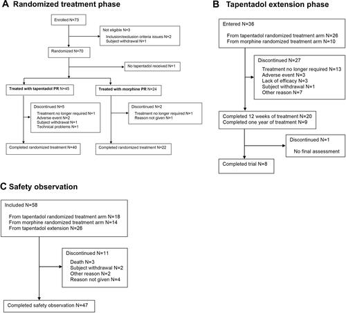 Figure 1 Patient flow chart. (A) Randomized treatment phase, (B) tapentadol extension phase, (C) safety observation.