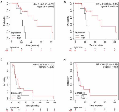 Figure 3. Analysis of RELN gene expression and survival of HCC patients. a. The correlation between RELN gene expression and overall survival (OS) of HCC patients. b. The correlation between RELN gene expression and disease-free survival (DFS) of HCC patients. C. The correlation between RELN gene expression and progression free survival (PFS) of HCC patients. d. The correlation between RELN gene expression and recurrence free survival (RFS) of HCC patients.