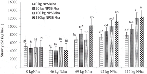 Figure 8. Interaction effect of blended NPSB and N fertilizers on straw yield of durum wheat combined in 2017–2019. f–h = fgh; b–e = bcde, etc.