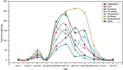 Figure 5. Ripening period chart showing the total fruit weight of harvested pawpaw fruits for the respective cultivars in 2009 and 2012–22 at the SWC site.