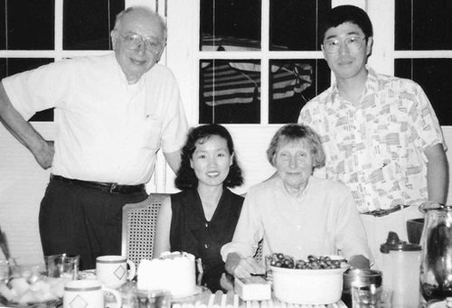 Figure 4 Milton Sobel's birthday celebration, August 30, 1994, in their residence at Santa Barbara. Milton is seen with his wife, Florence (seated right), and a former Ph.D. student, Hokwon Cho (standing right) with his wife, Sookhyun (seated left).