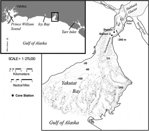 Figure 1 Location map of Disenchantment Bay in the northern Gulf of Alaska. Cores AH04-YB PC18, and MC 2-3 (Fig. 2) and 2-6, as well as EW0408 76MC, 72TC, and 72JC, were collected at Station 1. Core AH04-YB MC 1-2 was collected at Station 2.