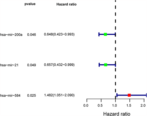 Figure 8 Prognosis-related DEmiRNA. Hsa-mir-200a, hsa-mir-21 were protective factors, and Hsa-mir-584 was risk factor.