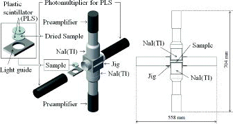 Figure 1. Outline view of detector assembly. Prepared sample sandwiched by a pair of plastic scintillators, which were inserted. Cross-sectional view of assembled detectors was drawn to scale.Note: PLS, plastic scintillator.