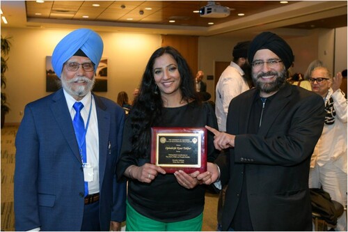 Figure 6. Opinderjit Kaur Takhar was honored for her contribution in establishing Centre for Sikh and Punjabi Studies at Wolverhampton University in the UK by Pashaura Singh and Arvind-Pal Singh Mandair.