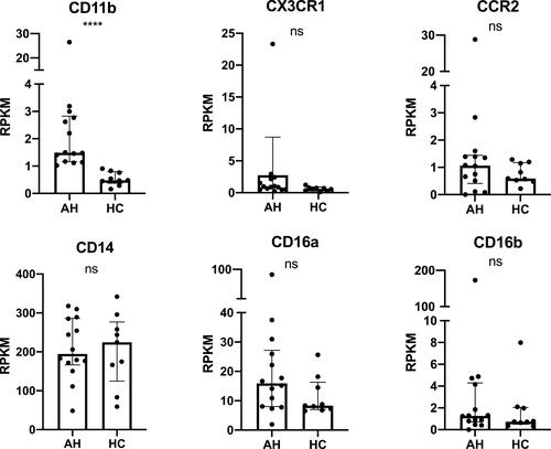 Figure 3 Cohort 2: The expression of CD11b, CX3CR1, CCR2, CD14, CD16a and CD16b analyzed by RNA sequencing of liver biopsies from AH and HC on day 0. Data are presented as median with interquartile range. n=23. Quadruple asterisk (****) marks a significant correlation and p value <0.0001.