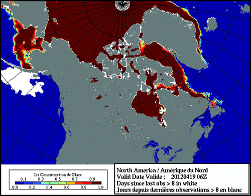 Fig. 12 The ice concentration graphical product from RIPS for the entire analysis domain valid for 19 April 2012 at 0600 utc. Areas where no observations were assimilated for a period greater than eight days are shown in white.