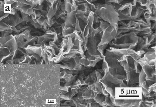 Figure 3. Top view SEM images of (a) c-Ti3C2Tx flakes, (b) f-Ti3C2Tx flakes(inset).