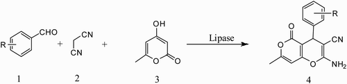 Scheme 1. Synthesis of dihydropyrano[4,3-b]pyranes (4) catalyzed by lipase.