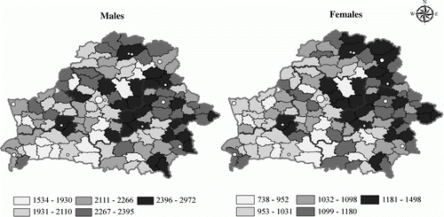 Figure 3  Age-standardized death rates (per 100,000 population) from all causes of death by sex, Belarus 2003–07 Note: Quintile method of classification was used to produce these and the following maps. Source: Belstat official unpublished data.