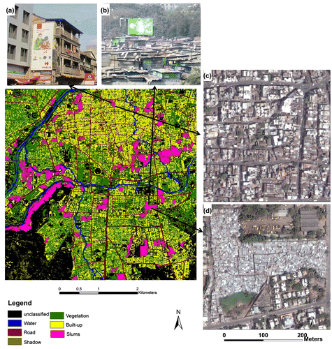 Figure 6. Final classified map of the study area with slums, ground pictures and corresponding zoomed views of the image: (a) ground photograph of buildings in the Old City; (b) ground photograph of a typical slum settlement; (c) magnified view of a part of the Old City misclassified as slum on the final map; (d) a typical slum settlement.