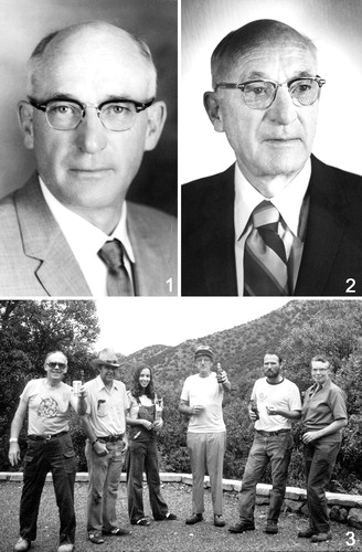 Fig. 1. George in 1963 in a photograph taken the year he received an honorary Doctor of Science degree from Montana State University. Fig. 2. George in 1981 in a photograph taken the year he received an honorary Doctor of Agriculture degree from Purdue University. Fig. 3. MSA members relax after a pre-MSA meeting field trip to Madera Canyon near Tucson, Arizona, August 1980; left to right: Howard Bigelow, Robert L. Gilbertson, Karen Yohem, George, Hal Burdsall and Margaret Barr Bigelow.