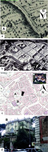 Figure 5. The historical landscape evolution of via Ludovisi area, including villa Ludovisi (A) and villa Maraini (B): at the time of the map drawn by Dupérac in 1577 (a); in the 1910s, when the area resulted completely urbanised (aerial photo taken by Arrigo Lorenzo Osti from the airship P4, c.a. 1916-1918) (b); presently, according to the topographic map (CitationRegione Lazio, 2003-2014) (c); in 2019, street photo of villa Maraini (the retaining wall of the right side belongs to villa Ludovisi), taken from the position marked in the topographic map (d).