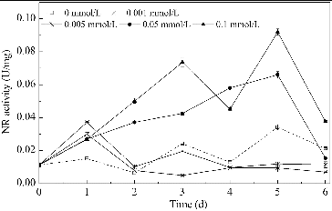 Figure 4. Changes in NR activity over time in media with different concentrations of Mn2+. Note: NR activity is expressed as micromoles of NADH oxidized per minute per milligram of protein.