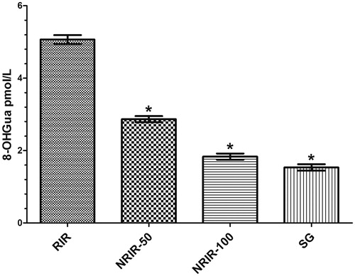 Figure 4. RIR, NRIR-50, NRIR-100, and SG groups on 8-OHGua levels in rat renal tissue. NRIR-50, NRIR-100, and SG groups compared with the RIR group. *p < 0.0001.