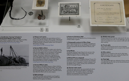 Figure 2. Display case in Remembering 1916 which includes the Chinese braid (Courtesy of National Museums NI).