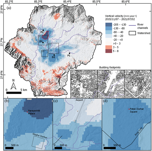 Figure 7. (a) Spatial distribution of the SBAS-InSAR surface vertical deformation result in relation to the main urban landmarks: (b) Narayanhiti Palace, (c) airport, (d) Patan Durbar Square. Building footprints are shown from Microsoft’s GlobalMLBuildingFootprints dataset (https://github.com/microsoft/GlobalMLBuildingFootprints). The four black dots in (a) are the locations of the four deep water wells used in stratigraphic column analysis.