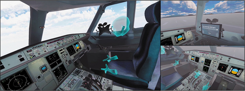 Figure 1. View from within the simulation showing the cockpit and the pilot avatar.