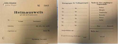 Figure 3. ‘camp identification card’. Front (left), back (right). Registering name, birthday, marital status, admission date, room number, signature. Backside: documenting prolongations and receipt of goods: blankets, eating bowls, drinking cups, cutlery, knife, spoon (Red Cross Archive, Berlin: DRK 4750)