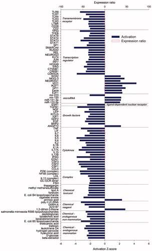 Figure 4. Highly affected transcription up-stream regulators in crossbred vs. purebred comparison. The analysis provides the more plausible prediction of the status of the up-stream regulators (i.e. activated or inhibited) by computing a Z-score. The up-stream regulators are grouped by functional categories with an absolute activation Z-score ≥2. Positive Z-score denotes up-stream regulators that are more activated in crossbreds vs. purebreds while negative Z-score denotes up-stream regulators that are more activated in purebreds vs. crossbreds. Positive expression ratio indicated that up-stream regulators were more activated in crossbreds vs. purebreds while negative expression ratio indicated that up-stream regulators were more activated in purebreds vs. crossbreds.