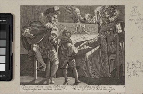 Figure 10. Attributed to Gillis van Breen, after Pieter de Jode I, Musical Company with Time, c. 1600, etching and engraving, 15.6 × 19.5 cm, National Gallery of Denmark, Kongelige Kobberstiksamling, Copenhagen, SMK photo, inv. no. KKSgb3118.