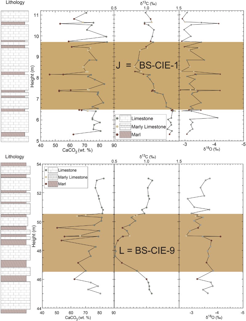 Figure 7 Lithologic, carbonate content and stable carbon isotope records across two short CIEs within the transition from Lower Limestone to Lower Marl or in Lower Marl: A, the J event; and B, the L event.