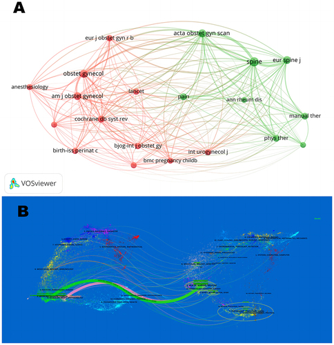 Figure 5 Analysis of journals (A) Articles published in various scholarly journals on PPGPs (B) Network visualization of journals that have been co-cited in more than 150 publications.