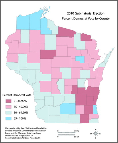 Figure 2. Percent of ballots cast in favor of Democratic gubernatorial candidate Tom Barrett in the 2010 election. Source: Wisconsin Government Accountability Board.