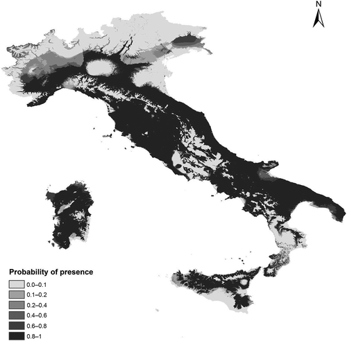 Figure 4. Maxent prediction of potential geographic distribution of crested porcupine Hystrix cristata L., 1758) in Italy, made with all the occurrence records. The predictive probability values ranging from 0 to 1 are depicted by greyscale.