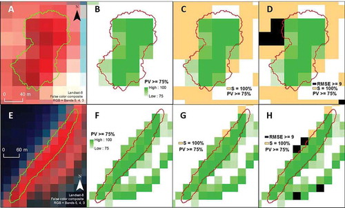 Figure 7. Examples of CLASlite fraction outputs derived from Landsat-8 data, with EoV shoreline polygon from high resolution data (A-D: Falaoigo, E-H: Luamotu).A&E: False color composite of Landsat-8 bands. B&F: Pixels with PV fraction value equal or higher than 75% were selected. C&G: Pixels with S fraction value equal to 100% were taken out. D&H: Pixels with RMSE equal or higher than 9 (out of 10) were removed.