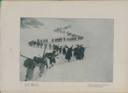 Figure 5. Italian soldiers marching upwards in the snow. Retrieved from https://www.bl.uk/world-war-one/articles/mountain-warfare#. Accessed 27 August 2021.