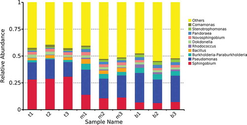 Figure 6. Abundances of different bacterial genera in the samples. The abundance is presented in terms of percentage among the total effective bacterial sequences in each sample. The top 10 abound taxa are shown.