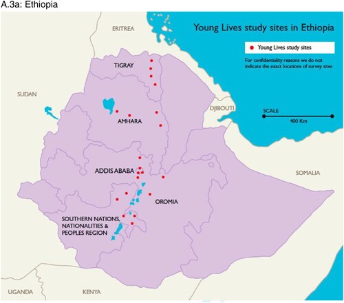 Figure A.3. Fieldwork locations in Ethiopia, India and Vietnam. (a) Ethiopia. Derived from: Young Lives Survey Design and Sampling in Ethiopia. Preliminary Findings from the 2013 Young Lives Survey (Round 4). Young Lives 2014, available at: https://www.younglives-ethiopia.org. (b) India. Derived from: Young Lives Survey Design and Sampling in India. Preliminary Findings from the 2013 Young Lives Survey (Round 4). Young Lives 2014, available at: www.younglivesindia.org. (c) Vietnam. Derived from: Young Lives Survey Design and Sampling in Vietnam. Preliminary Findings from the 2013 Young Lives Survey (Round 4). Young Lives 2014, available at: www.younglives-vietnam.org.