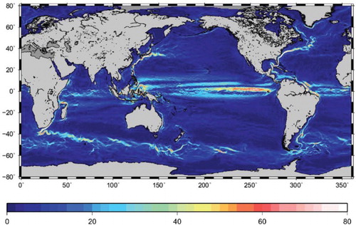 Figure 5. Mean speed (units cm/s) of the geostrophic surface currents for the period 1993-2012 obtained from the combination of altimetry, gravity, hydrographic measurements and drifter data.