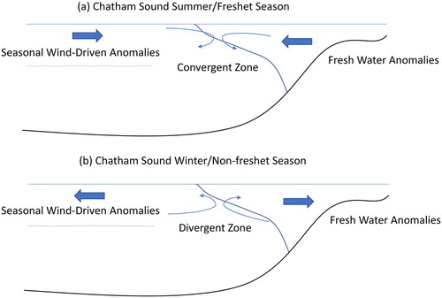Fig. 17 Schematic diagrams of two-layer flow anomalies in (a) the summer or freshet and (b) the winter or non-freshet season in southern Chatham Sound.