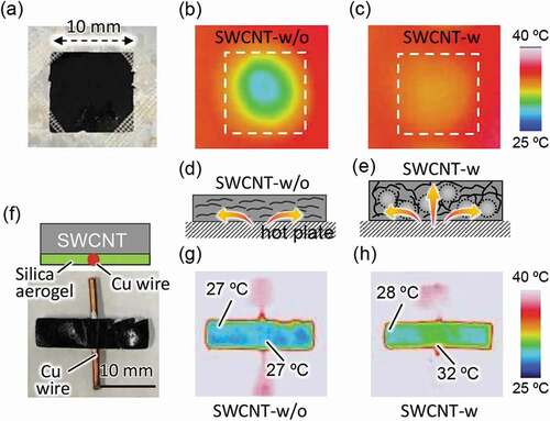 Figure 4. (a) Photo of the SWCNT sheet and thermographs of (b) SWCNT-w/o and (c) SWCNT-w. Schematic illustration of thermal diffusion inside (d) SWCNT-w/o and (e) SWCNT-w. (f) Side-view illustration (upper panel) and top view photo (lower panel) of SWCNT sheet with Cu wire (red) and silica aerogel/poly(vinyl alcohol) composite layer (green). Thermograph of (g) SWCNT-w/o and (h) SWCNT-w