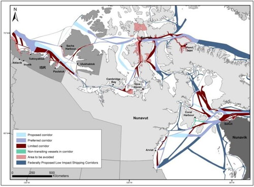 Figure 12. Community recommendations regarding the Low Impact Shipping Corridors. The Low-Impact Shipping Corridors provide for the regulation of dynamic shipping routes throughout Canada’s North. Source: Jackie Dawson et al., “Infusing Inuit and Local Knowledge into the Low Impact Shipping Corridors: An Adaptation to Increased Shipping Activity and Climate Change in Arctic Canada,” (2020) 105 Environmental Science & Policy, 19–36, https://www.sciencedirect.com/science/article/pii/S1462901119309451.