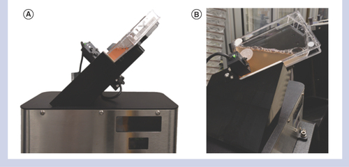 Figure 1.  The flask density reader.Front (A) and side (B) views of the flask density reader with an AutoFlask™ seated in the custom nest.