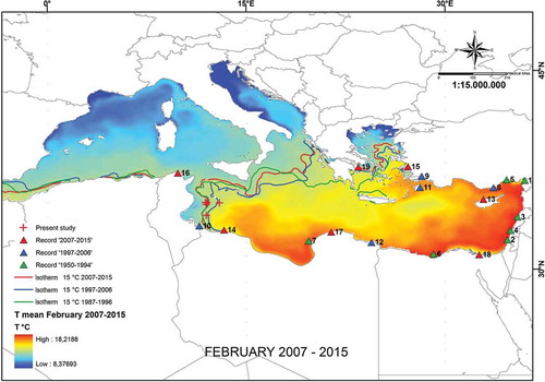 Figure 1. Updated map showing location of Upeneus pori first records in the Mediterranean basin reported according to the catch date. 1: 1950 (Kosswig Citation1950); 2: 1953 (Ben-Tuvia Citation1953); 3: 1954 (George & Athanassiou Citation1996); 4: 1984–1986 (Golani Citation1994); 5: 1991–1994 (Torcu & Mater Citation2000); 6: 1994 (El-Sayed Citation1994); 7: 1994 (Ben-Abdallah et al. Citation2005); 8: 1999–2000 (Cicek et al. Citation2002); 9: 2000–2001 (Öğretmen et al. Citation2016); 10: 2003 (Ben Souissi et al. Citation2005); 11: 2003 (Corsini et al. Citation2005); 12: 2005–2006 (Shakman Citation2007); 13: (Tzomos Citation2007); 14: 2007–2008 (El-Drawany Citation2013); 15: 2009 (Filiz Citation2012); 16: 2010 (Azzouz et al. Citation2010); 17: 2010–2012 (Bazairi et al. Citation2013); 18: 2011–2012 (Ramadan & El-Halfawy Citation2014); 19: 2015 (Stamouli & Dogrammatzi Citation2016); +: present study.