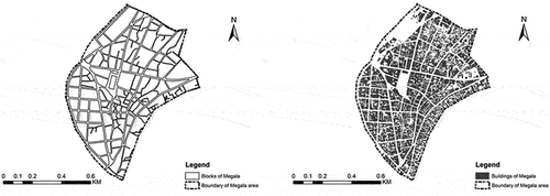 Figure 11. Block arrangement of Megala (left), and building organization of the same area.